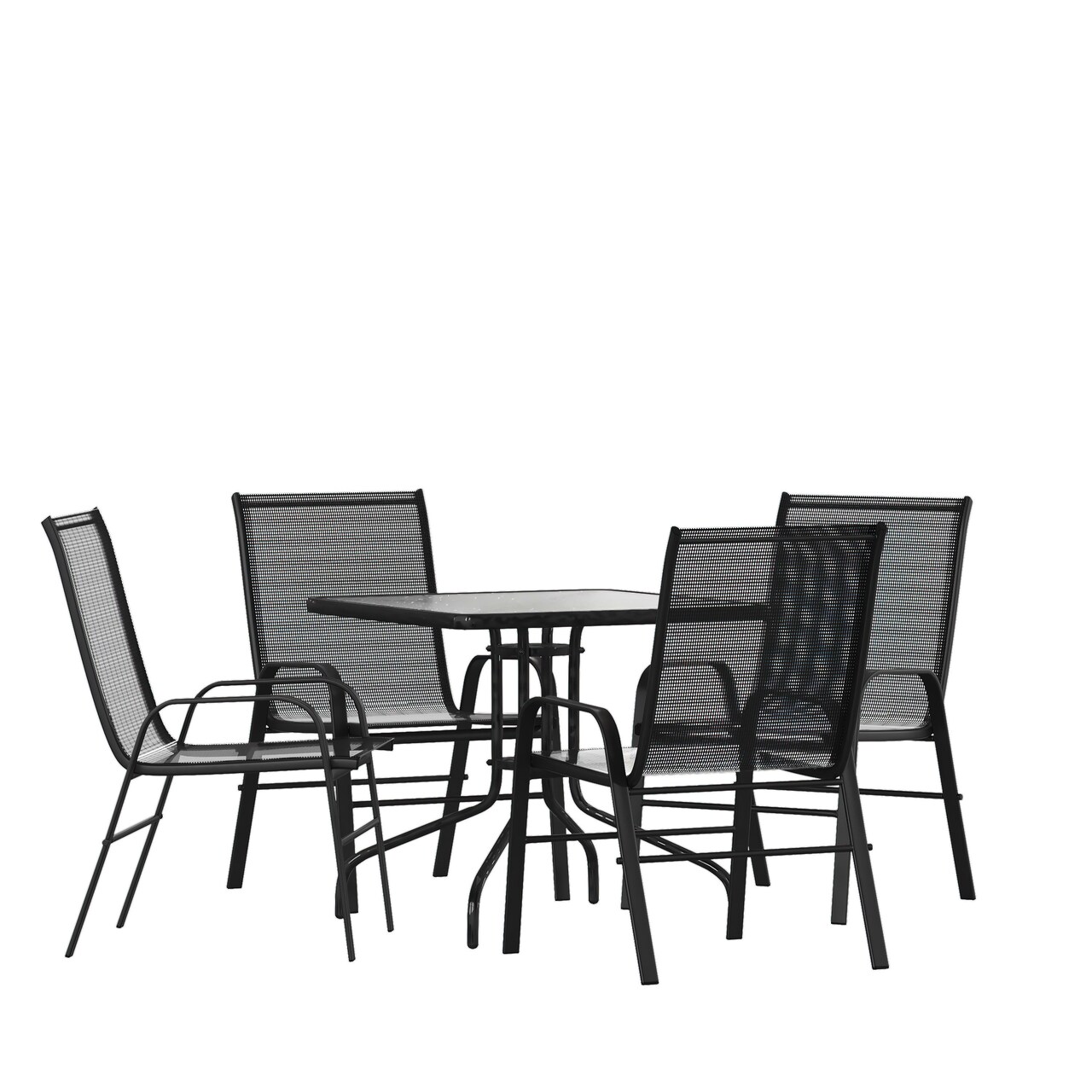 Emma and Oliver Five Piece Patio Dining Set - Square Table with Powder Coated Frame and Tempered Glass Top & 4 Flex Comfort Stack Chairs